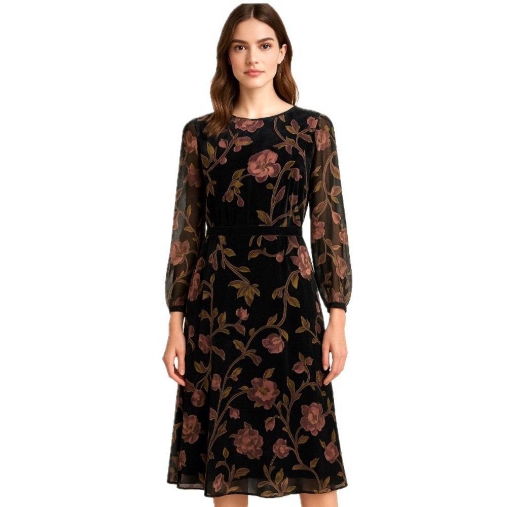 Romeo + Juliet Couture, Velvet Burnout sheer sleeves Floral Midi Dress, Size 14